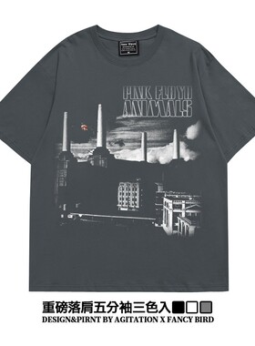 ins潮流平克PinkFloyd摇滚oversize落肩五分袖重磅宽松T恤男女夏