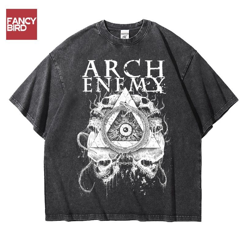 欧美金属大敌乐队arch enemy重磅宽松做旧水洗纯棉五分短袖t恤男