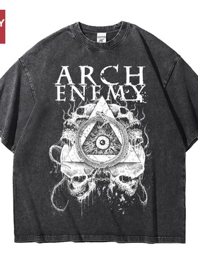 欧美金属大敌乐队arch enemy重磅宽松做旧水洗纯棉五分短袖T恤男