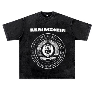 美式复古vintage潮流高街水洗做旧Rammstein德国战车摇滚T恤男夏