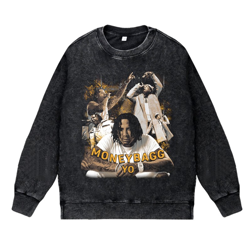 美式说唱嘻哈apper水洗做旧高街vintage套头圆领卫衣MONEYBAGG YO