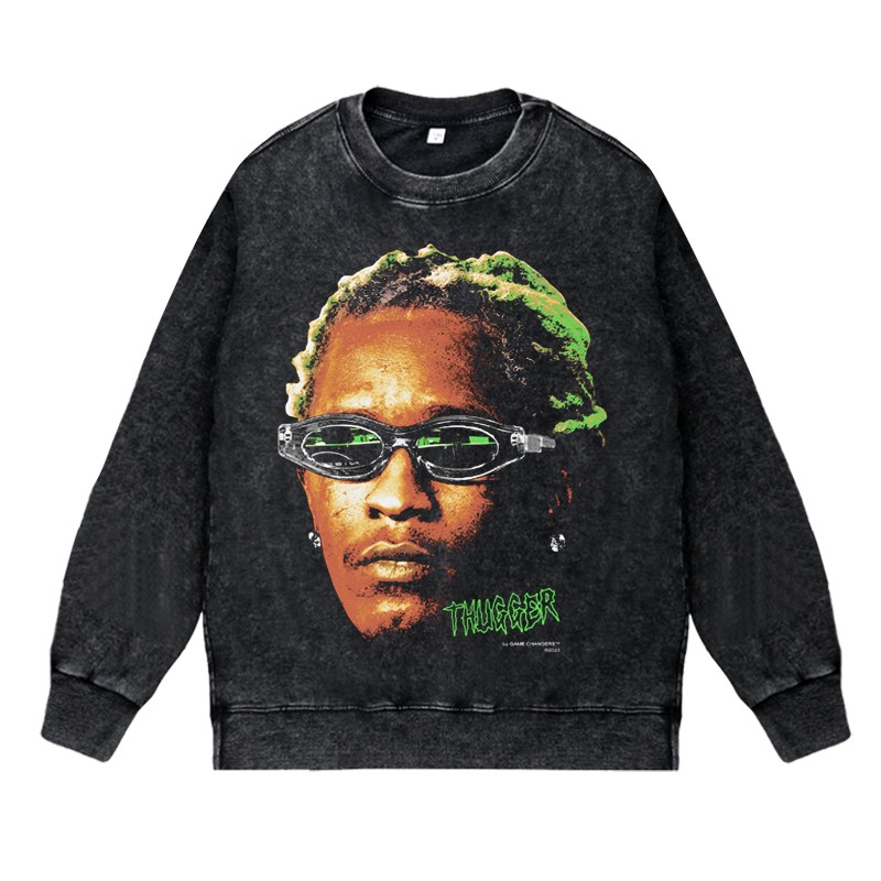 美式说唱嘻哈潮流apper水洗做旧vintage秋冬套头圆领衣youngthug