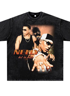 美式复古水洗做旧说唱嘻哈rapper厂牌Nelly潮流短半袖T恤夏季