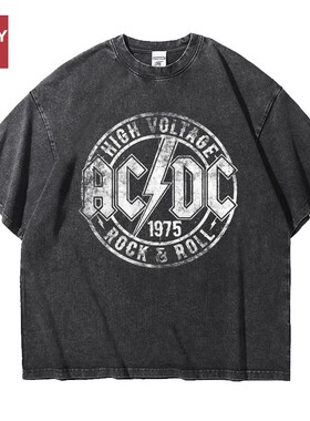 欧美重金属acdc乐队宽松oversize做旧水洗重磅纯棉五分短袖T恤男