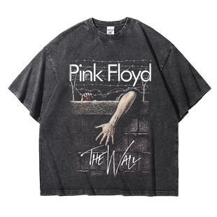 pinkfloyd乐队平克佛洛依德迷墙欧美印花做旧重磅纯棉五分短袖T恤