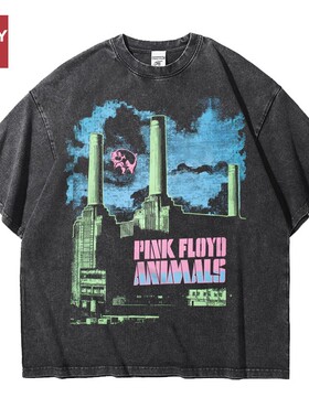 欧美pinkfloyd平克佛洛依德宽松做旧水洗重磅纯棉五分短袖T恤男女