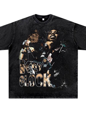 美式复古水洗做旧说唱嘻哈rapper厂牌KEYGLOCK潮流短半袖T恤夏季