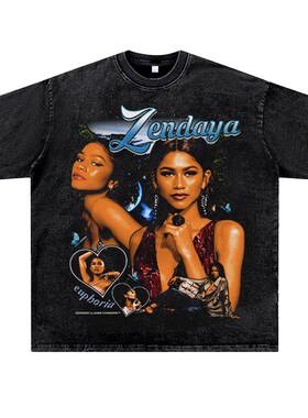 美式复古水洗做旧说唱嘻哈rapper厂牌Zendaya赞达亚潮流短半袖T恤