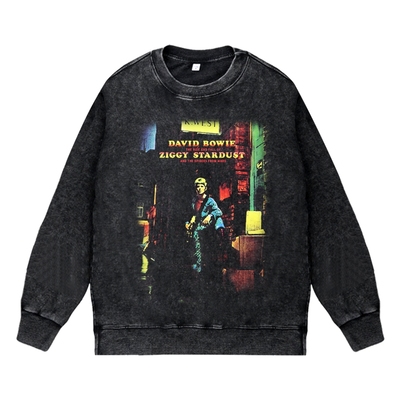 美式复古做旧水洗vintage圆领无帽套头卫衣大卫鲍伊bowie摇滚乐队