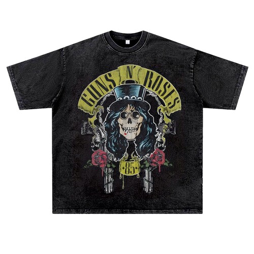 美式日系slash枪炮玫瑰guns'n'rose复古vintage高街水洗做旧T恤男