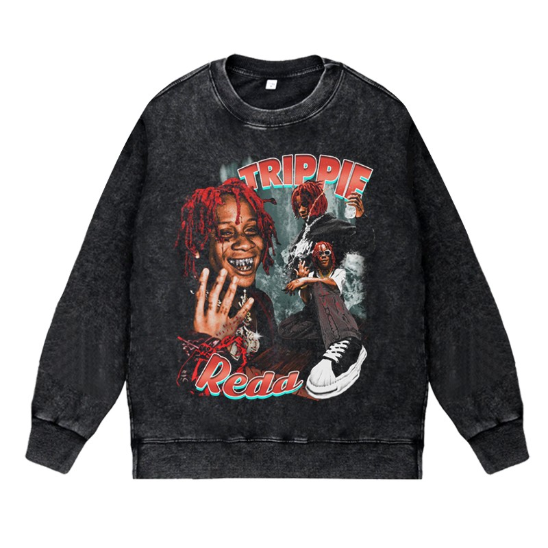 美式说唱嘻哈潮流apper水洗做旧vintage套头圆领卫衣Trippie Redd