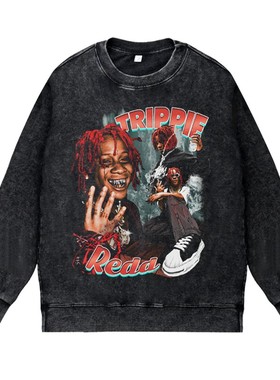 美式说唱嘻哈潮流apper水洗做旧vintage套头圆领卫衣Trippie Redd