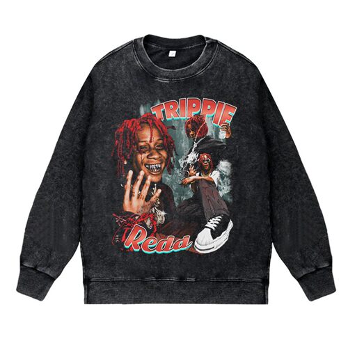 美式说唱嘻哈潮流apper水洗做旧vintage套头圆领卫衣Trippie Redd