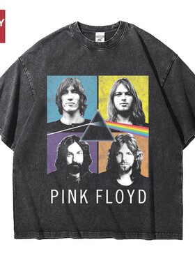 pinkfloyd乐队平克佛洛依德欧美印花做旧水洗重磅纯棉五分短袖T恤
