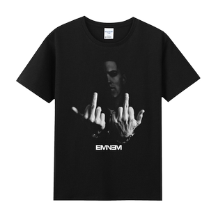 eminem埃米纳姆中指西海岸嘻哈风印花匪帮说唱嘻哈饶舌T恤男