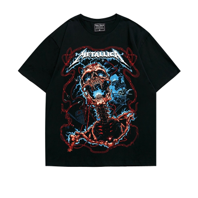 美式摇滚金属metallica街头潮流oversize落肩五分袖重磅宽松T恤男