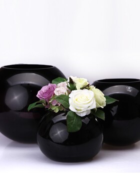 现代简约黑色圆形玻璃花瓶摆件球形白色花器餐桌家居装饰品