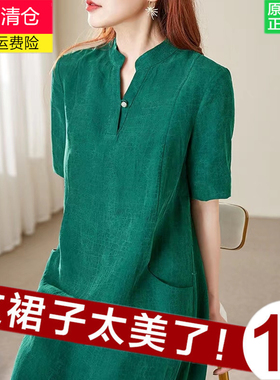 高端品牌香云纱真丝连衣裙重磅绿色桑蚕丝旗袍女改良2022新款夏季