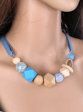 几何型木珠绒布项链女