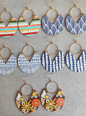 欧美简约时尚蓝染印花耳饰波西米亚耳环几何条纹拼接女性耳坠