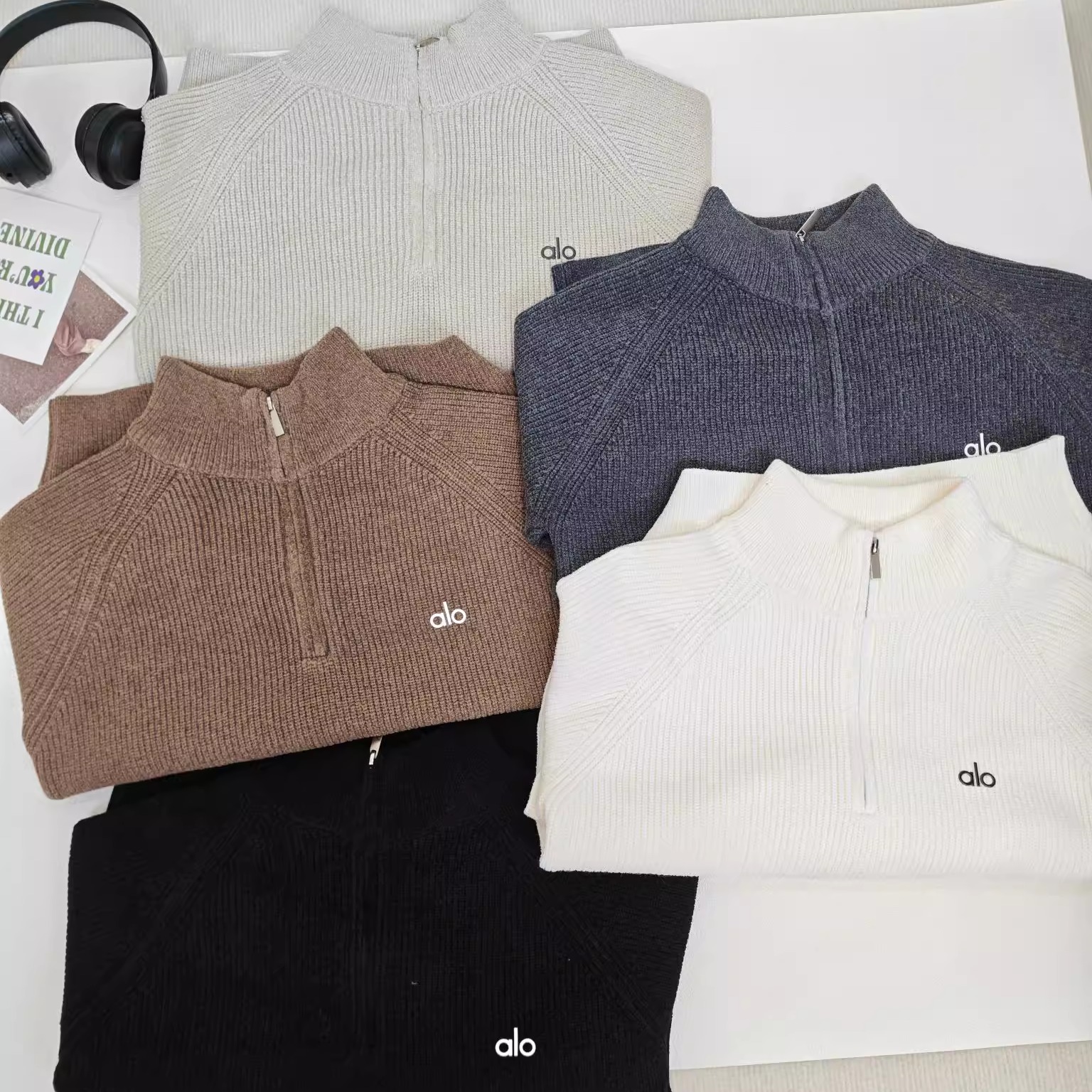正品现货ALO半高领半拉链针织衫男女高级感刺绣立领外套毛衣纯色