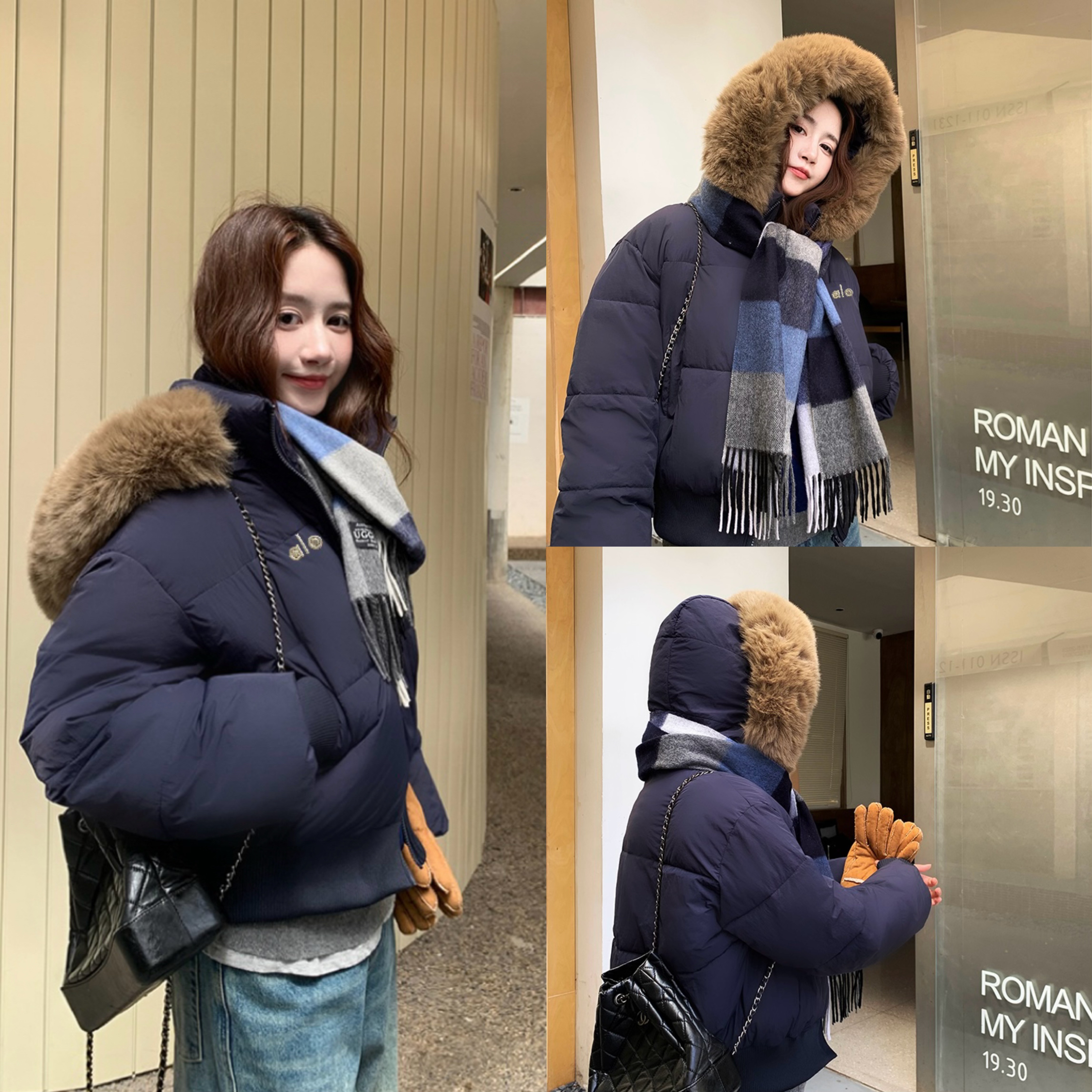 正品现货ALO女连帽可拆大毛领羽绒棉服外套加厚冬季藏蓝棉衣时尚