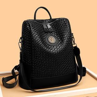 威森袋鼠真皮双肩包2025新款潮百搭编织时尚软皮背包大容量旅行包