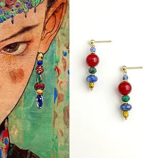 藏式民族风撞色天然石串珠耳环国风新中式红玛瑙耳钉复古文艺耳饰