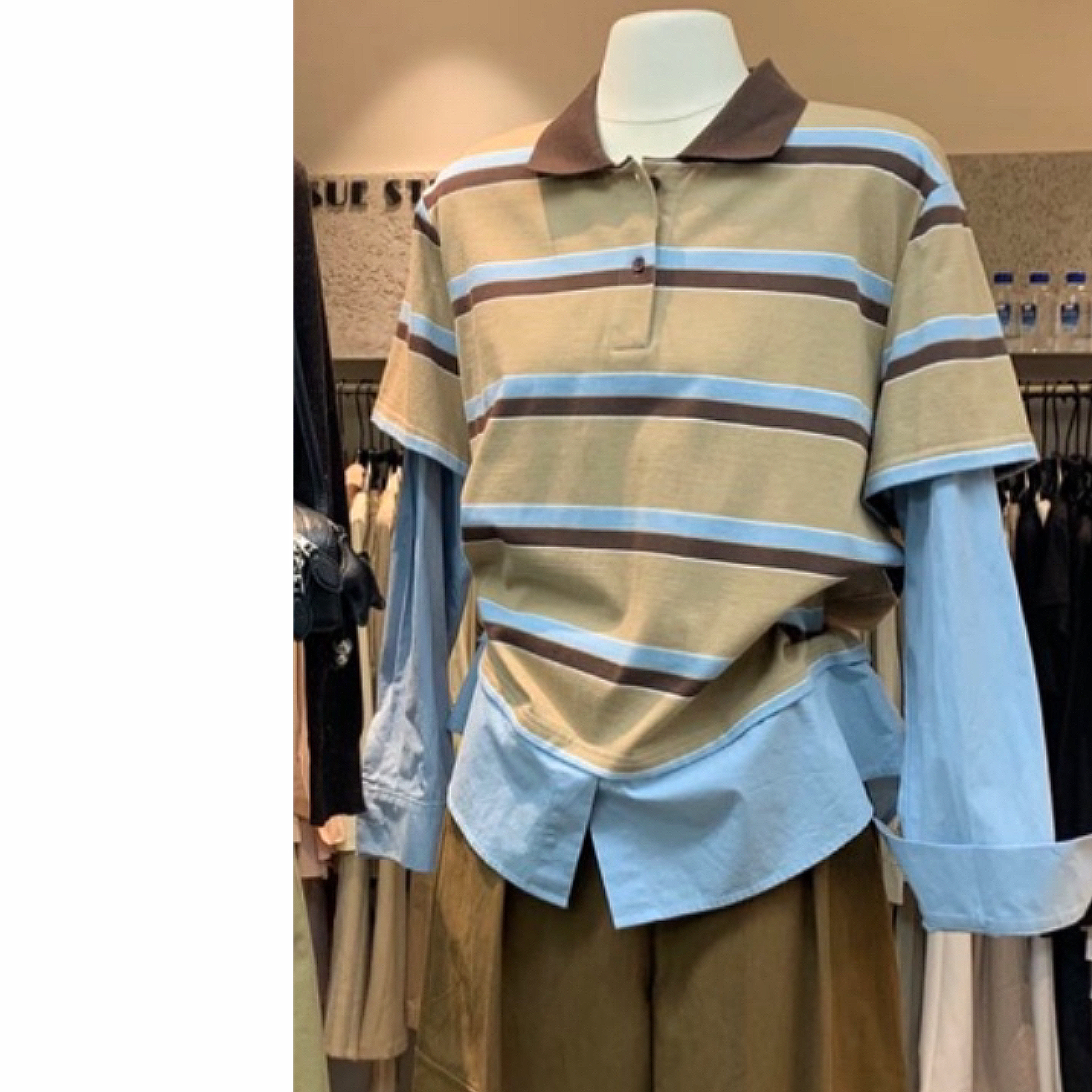 2025秋季新款复古咖色Tee条纹拼接POLO领长袖T恤女宽松设计感衬衫