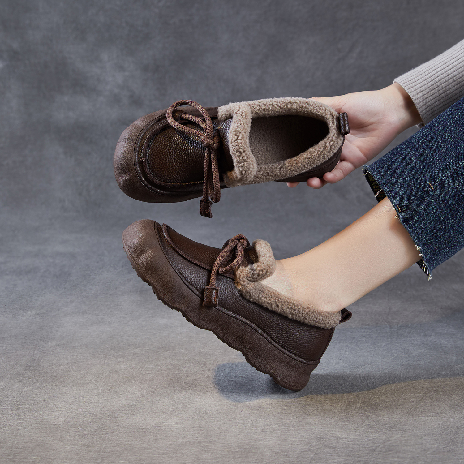 毛毛棉鞋女真皮厚底平底加绒保暖