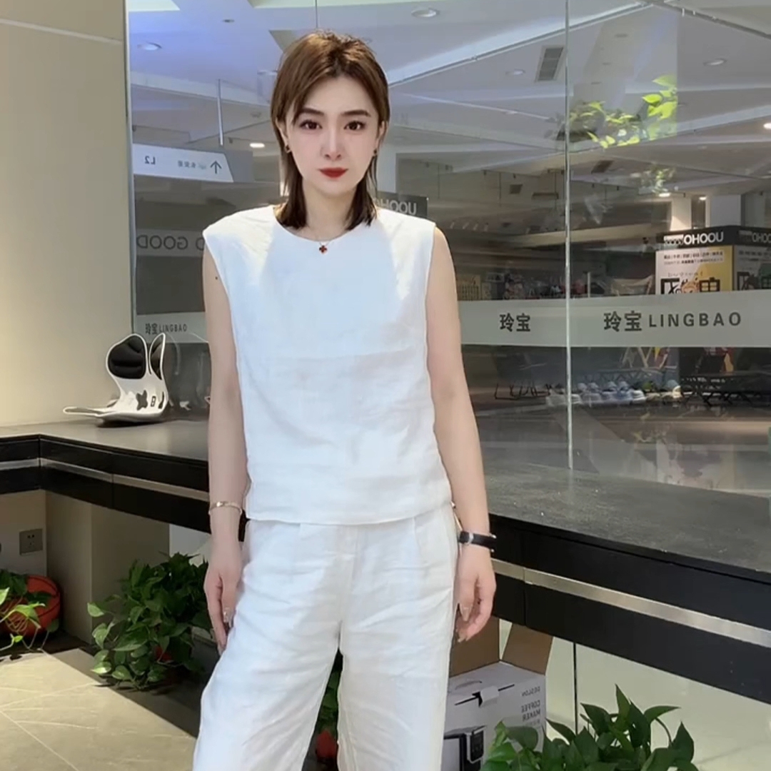 白色亚麻无袖t恤女休闲轻奢棉麻