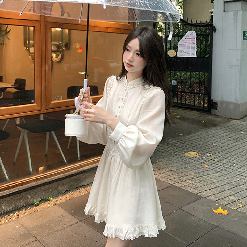 法式别致宫廷风长袖连衣裙子女收腰气质设计高级感小个子短裙春季