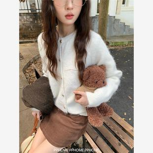 PPHOME自制~金扣小毛衫 早秋软糯长袖针织开衫毛衣女外套白色上衣