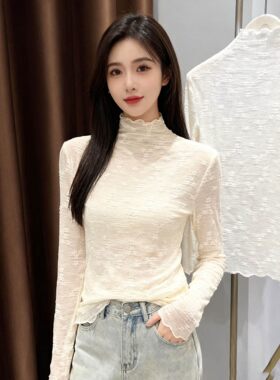 春秋季网纱长袖打底衫女性感蕾丝叠穿内搭罩衫纱衣半高领木耳上衣
