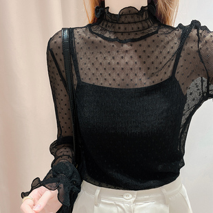 高领蕾丝打底衫女秋冬高级感配皮草毛衣内搭洋气纱衣网纱时尚上衣