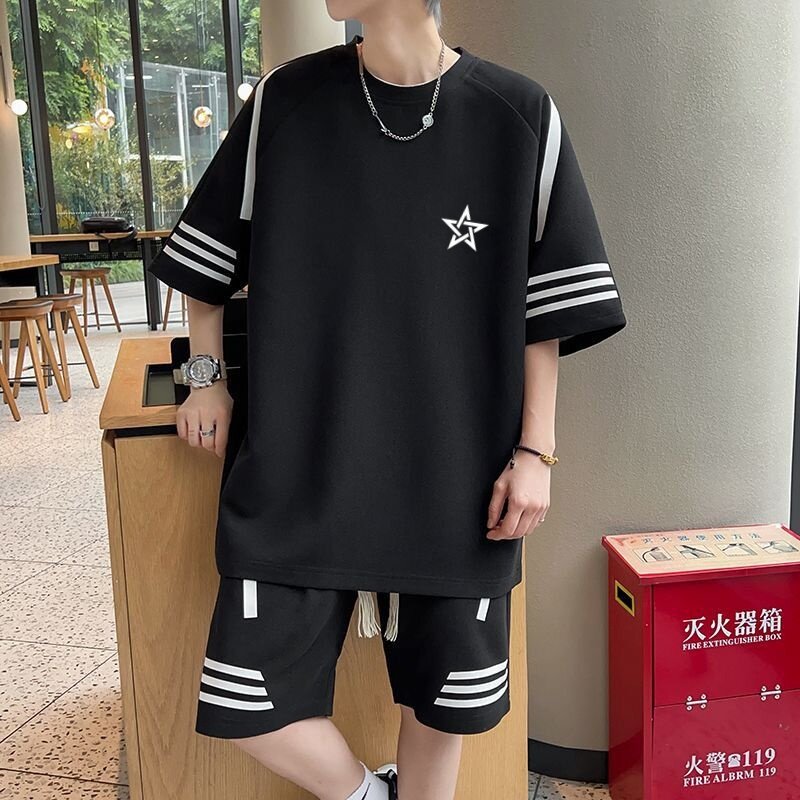 加肥加大码运动套装男士夏季短袖t恤休闲短裤搭配帅气流行一整套