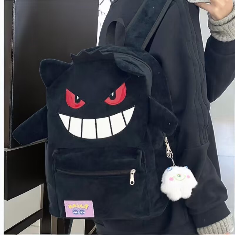 上新耿鬼黑色毛绒双肩包情侣男女学生书包卡通动漫休闲背包大容量