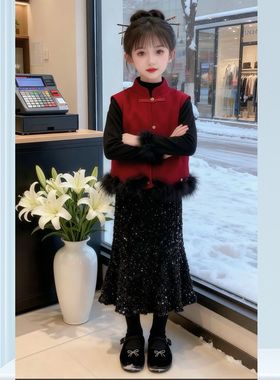 女童拜年服2025新款冬装新中式红色新年衣服战袍套装儿童过年服装