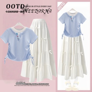 女童超好看夏装裙子套装2025新款薄款洋气儿童假两件短袖半身长裙