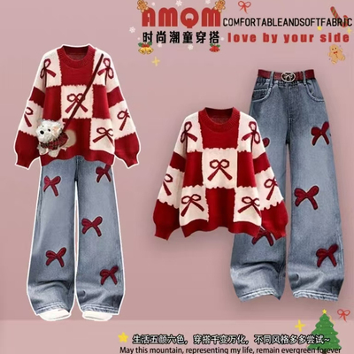 女童套装圣诞穿搭红色毛衣