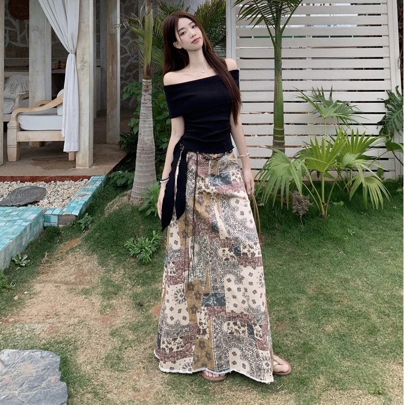 一字领针织衫高腰显瘦牛仔半身裙