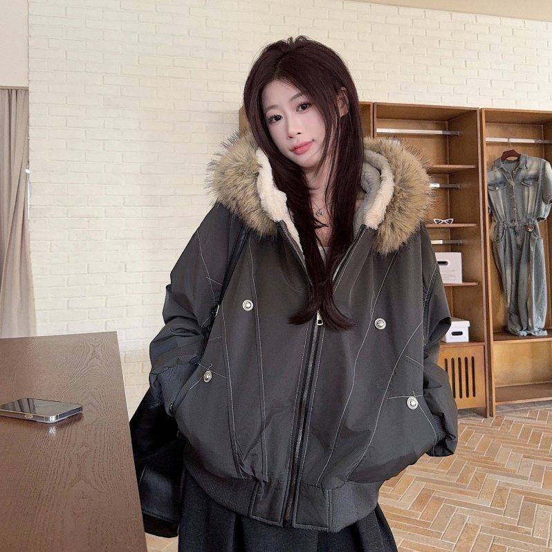 2025冬季保暖羽绒棉服仿兔绒大毛领连帽棉衣派克服外套