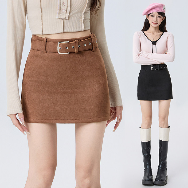 复古辣妹鹿皮绒包臀短裙女秋冬高腰显瘦百搭防走光A字半身裙