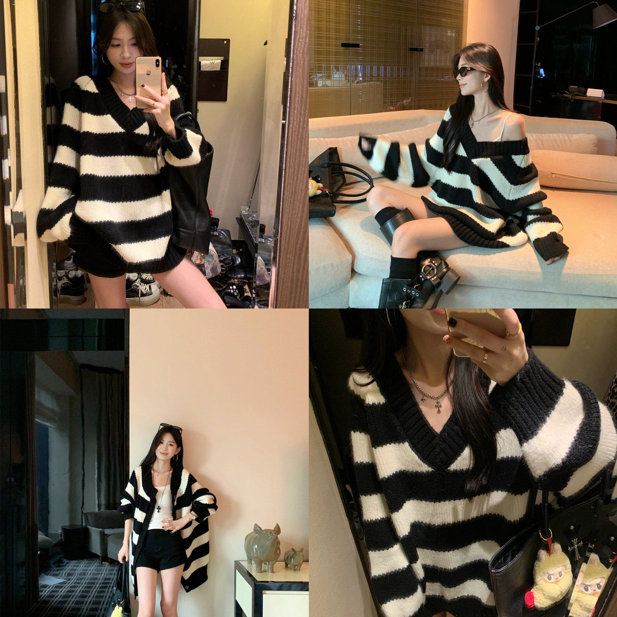 韩版长袖针织条纹二穿设计款毛衣