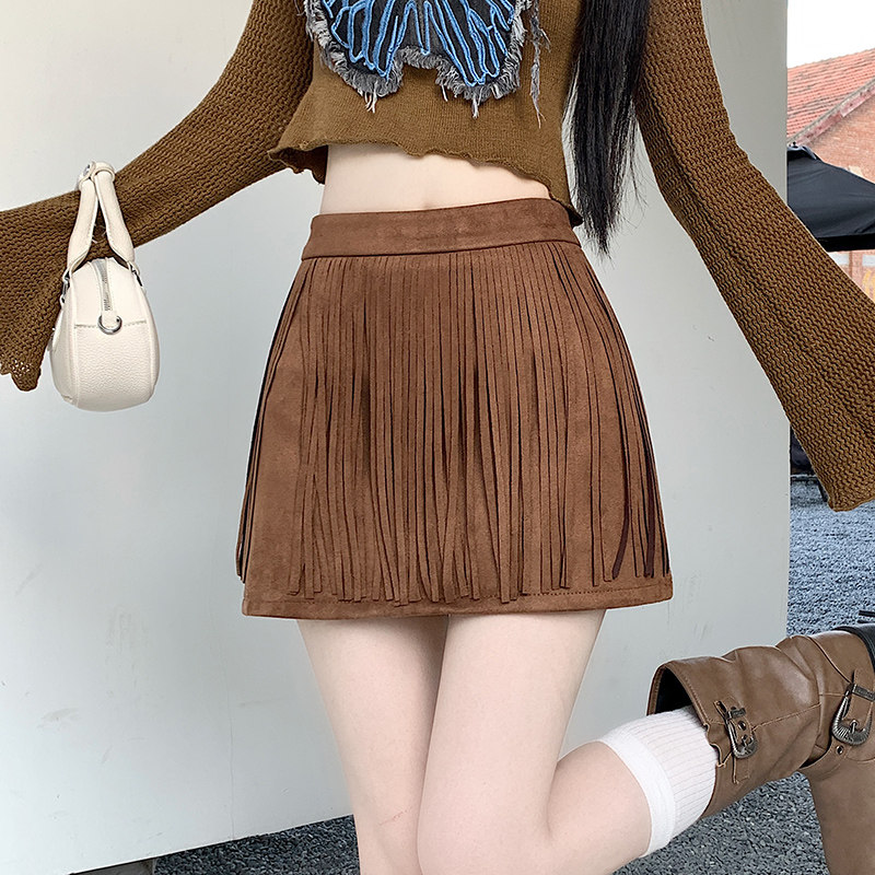 新款中古麂皮 流苏麂皮复古半身裙裙裤防走光半身裙子女秋款