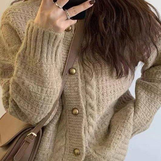 圆领长袖宽松百搭麻花短款羊绒毛衣开衫外套