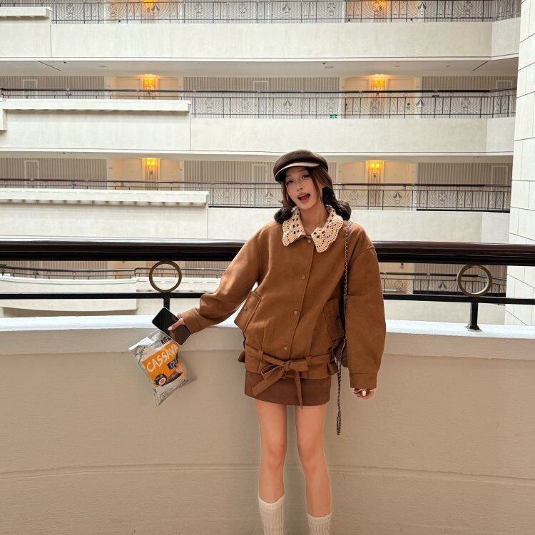 休闲皮衣外套女秋季翻领夹克上衣宽松慵懒风