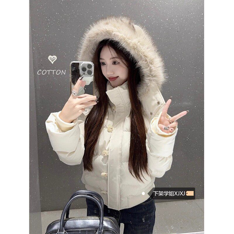 毛领加厚保暖百搭棉服外套女冬季2025新款宽松显瘦连帽米白色棉衣