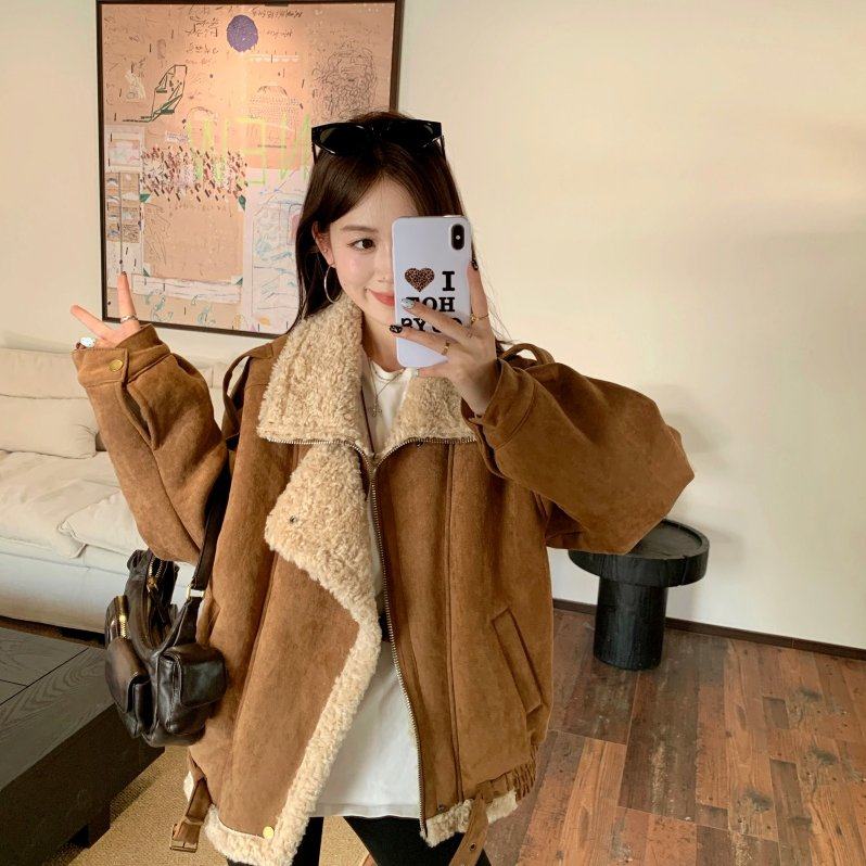 2025西装领麂皮绒羊羔毛外套冬季加厚棉服短款皮毛一体