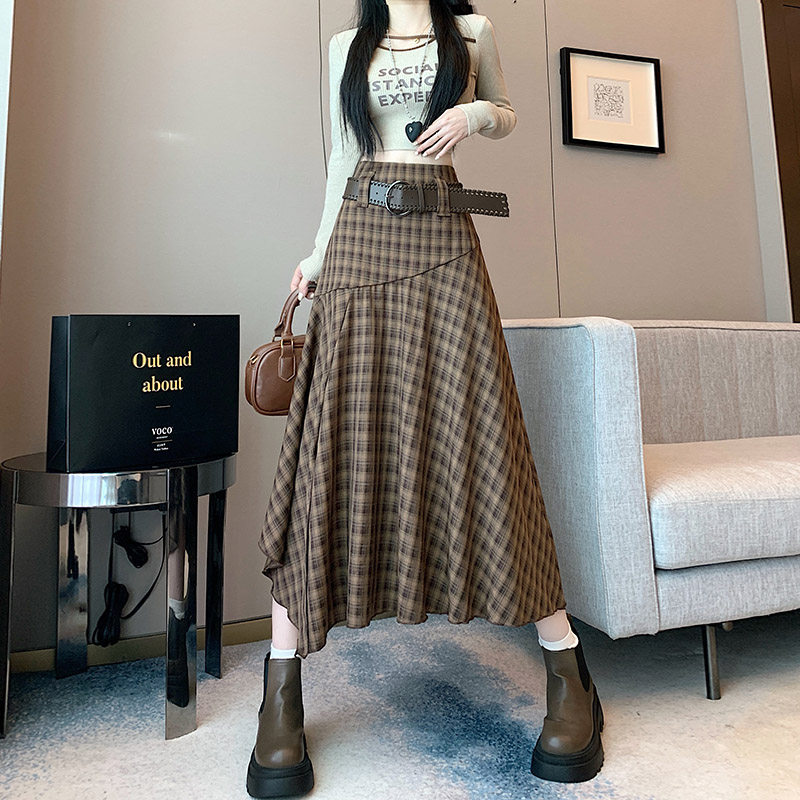 2025新款韩系复古简约百搭不规则格子半身裙女宽松显瘦长裙
